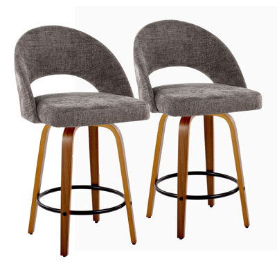 Tabouret de comptoir à hauteur fixe en bois de noyer et tissu gris foncé avec repose-pieds rond en métal noir - ensemble de 2
