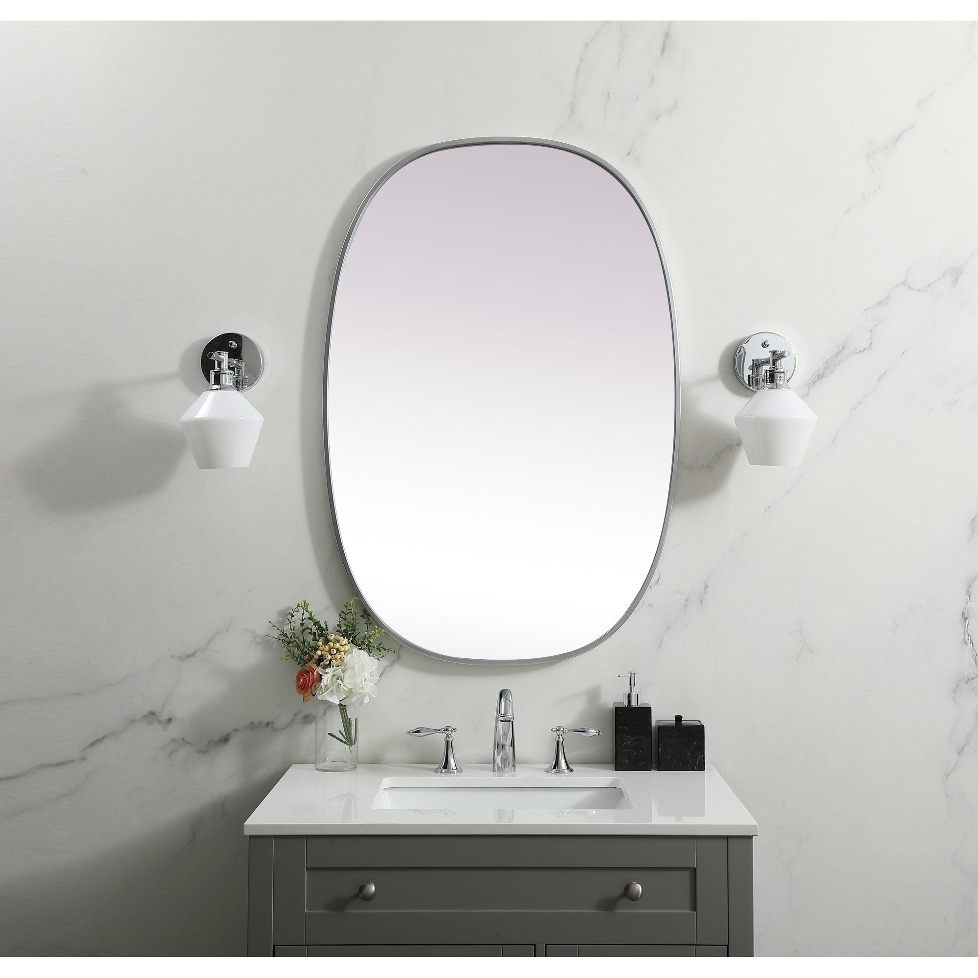 Sabine Metal Curved Oval Wall Mirror, Silver, 40" x 27"