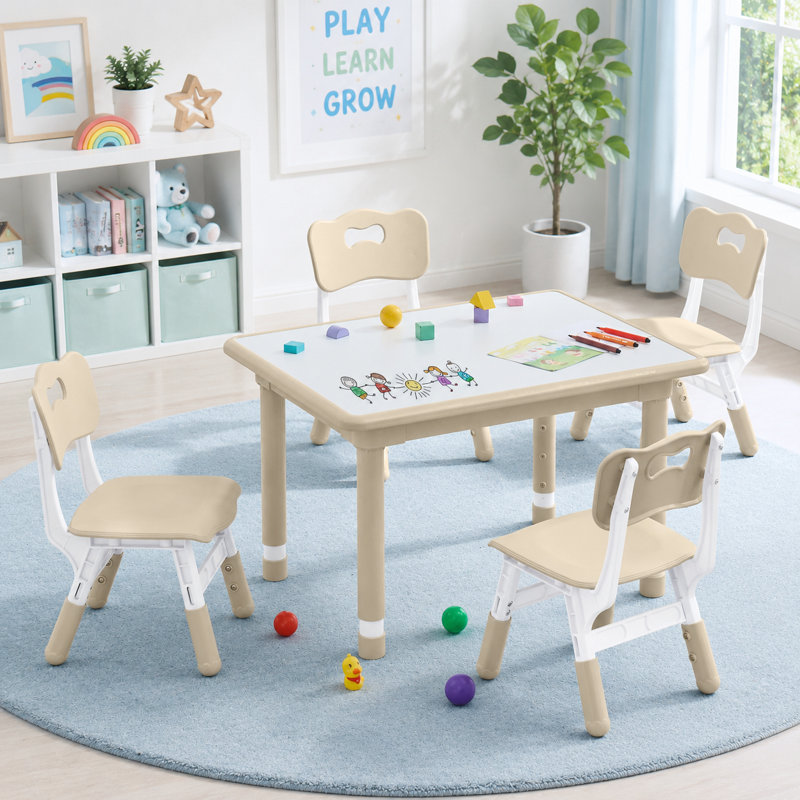 Kids Table and 4 Chairs Set, Height Adjustable (17.7"-26.1") Toddler Table and Chair Set, Multi-Activity Table with Graffiti Desktop, Children’s Table and Chairs for Classroom, Home & Daycare