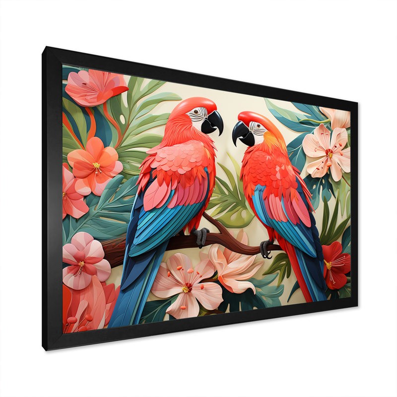 Fleurs tropicales roses et bleues - art mural perroquet, Cadre d'angle fermé noir, H 16 po x l 32 po x P 1 po