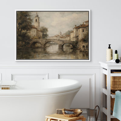 "Vintage European Village Bridge Riverside Scene", impression sur toile encadrée