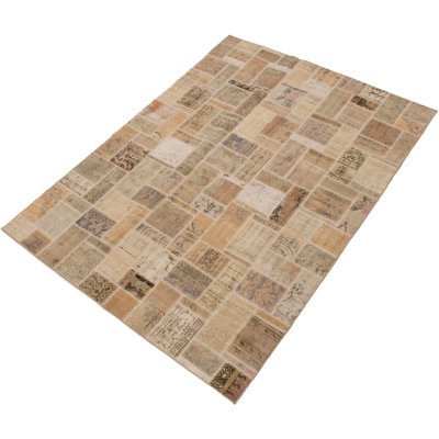 Tapis décoratif en laine brun clair en laine noué à la main de conception unique 7 pi 2 po x 9 pi 9 po