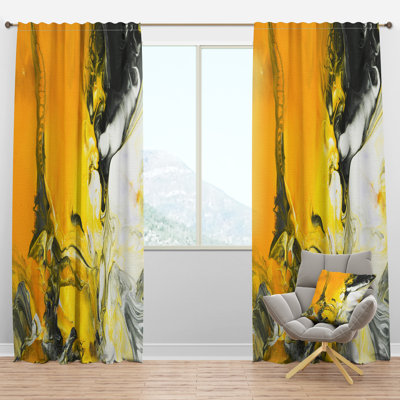 White and Yellow Marbled Acrylic with a cloud of Black - Modern Velvet Curtain - 1 panel