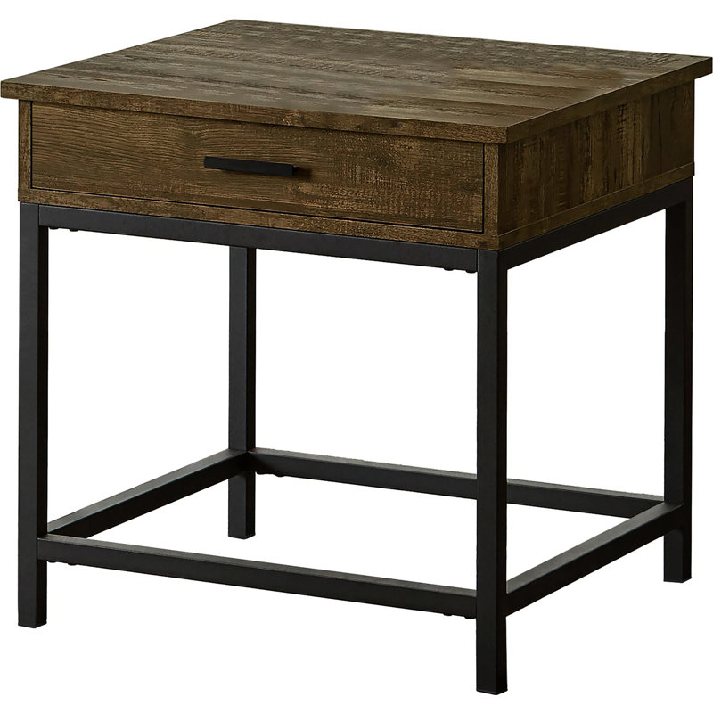 Élégante table de bout en chêne brun industriel avec base en métal massif et tiroir avec cadre de rangement moderne
