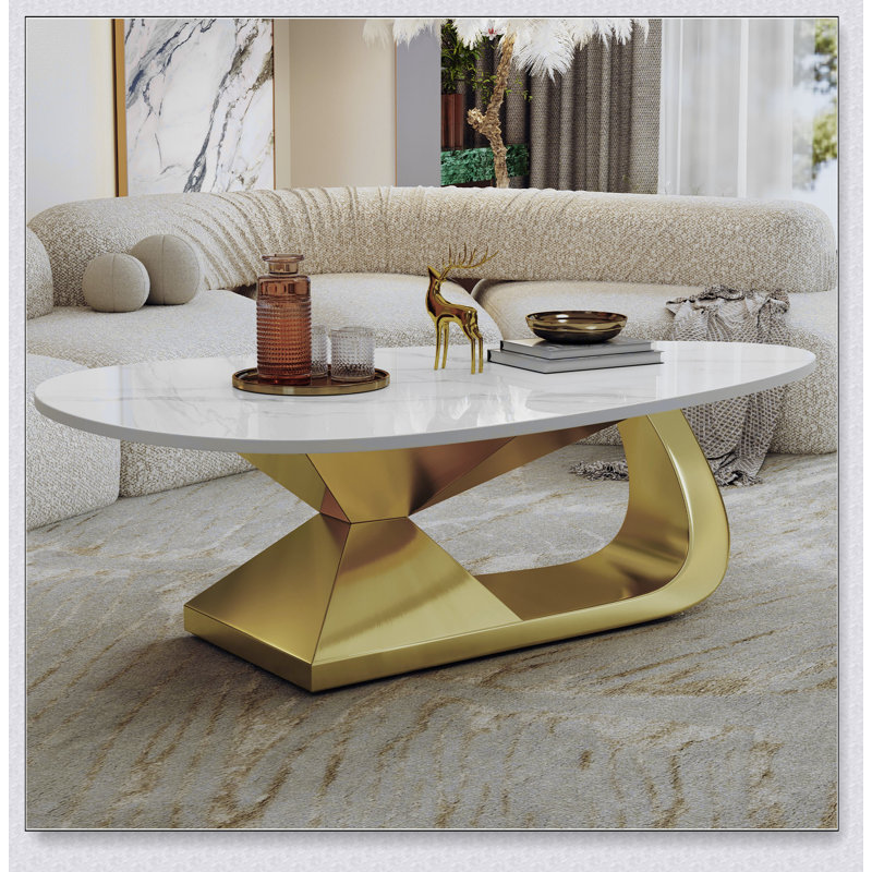 Table basse moderne en pierre frittée avec base en acier inoxydable, Doré