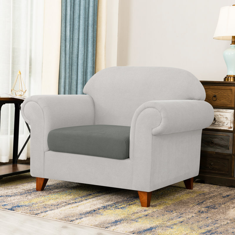 Stretch Textured Grid Box Cushion Armchair Slipcover, Light Grey