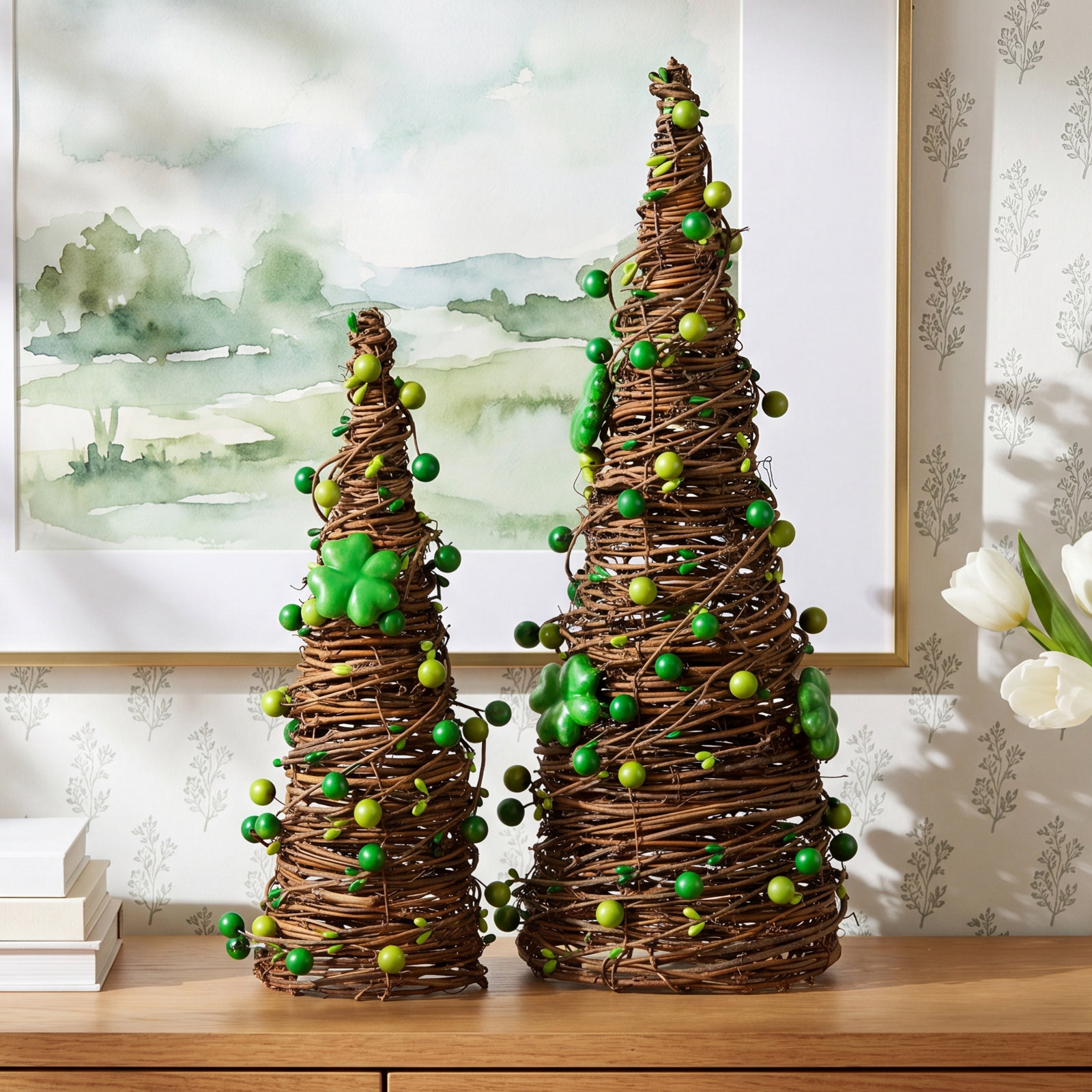 2-Piece Rattan Shamrock Tabletop Tree Set