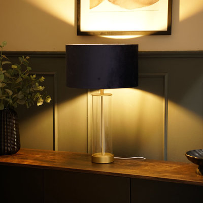 Simonetta Matt Gold and Clear Tube Table Lamp with Blush Velvet Reni Shade and 6W GLS Warm White Bulb