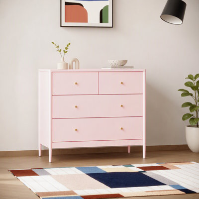 Pink Drawer Kids Dresser, Wooden Storage Cabinet for Toddler Bedroom, Nursery, Closet, Baby Nightstand Organizer for Living Room or Apartment, 35.4" Wide