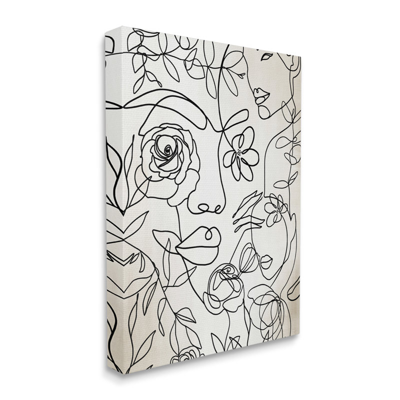 Minimal dessin au trait floral, visages de personnes botaniques par Jadei, impression, Toile tendue, L 16 po x H 16 po