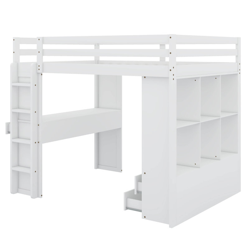Jeneya Full Size Loft Bed with Large Shelves, Writing Desk and LED Light, White