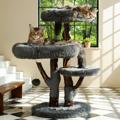 Modern 44.5"H Unique Solid Wood Cat Tree for Big Cats&MaineCoon