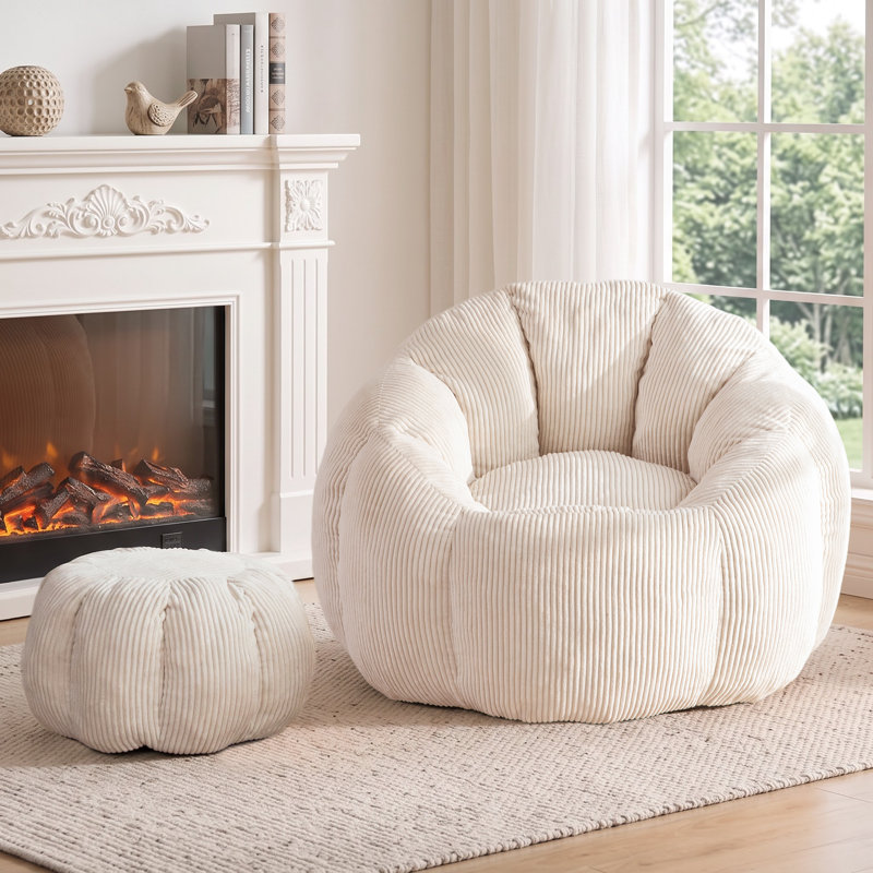 Fauteuil à billes en velours côtelé avec repose-pieds Giant, Beige