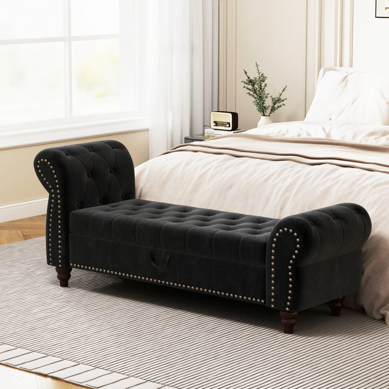 Luxurious Velvet Upholstered Bed Bench with Storage for Bedroom Comfort, Black