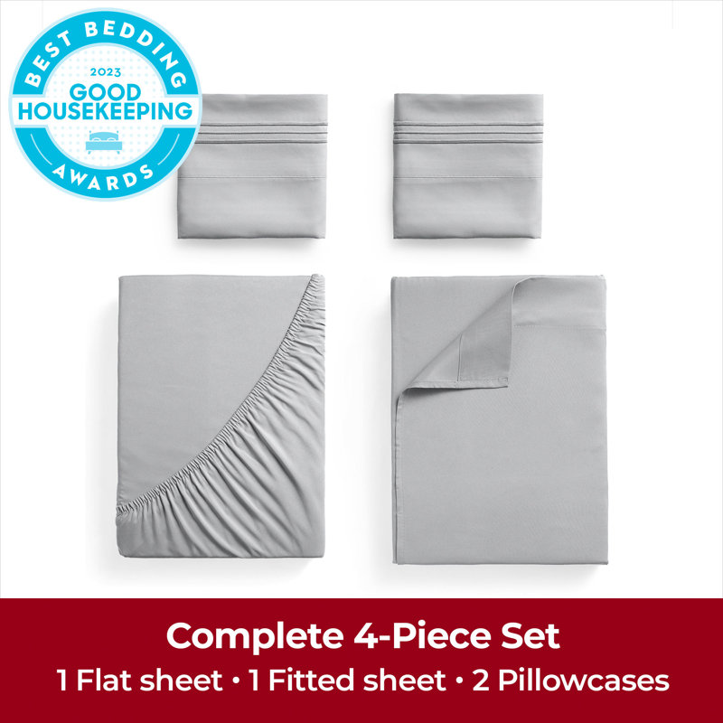 Ensemble de draps Mellanni 1800 avec drap-housse très foncé gris clair, Gris clair