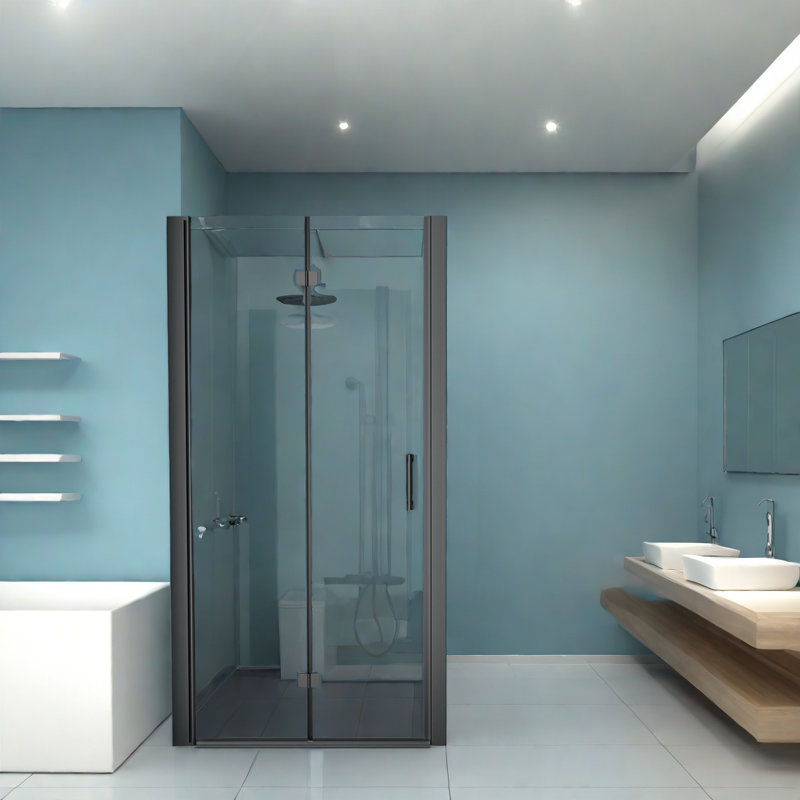 Porte de douche pliante sans cadre de 86 cm (L) x 183 cm (H) avec quincaillerie noire mat et verre trempé de 6 mm., Noir mat
