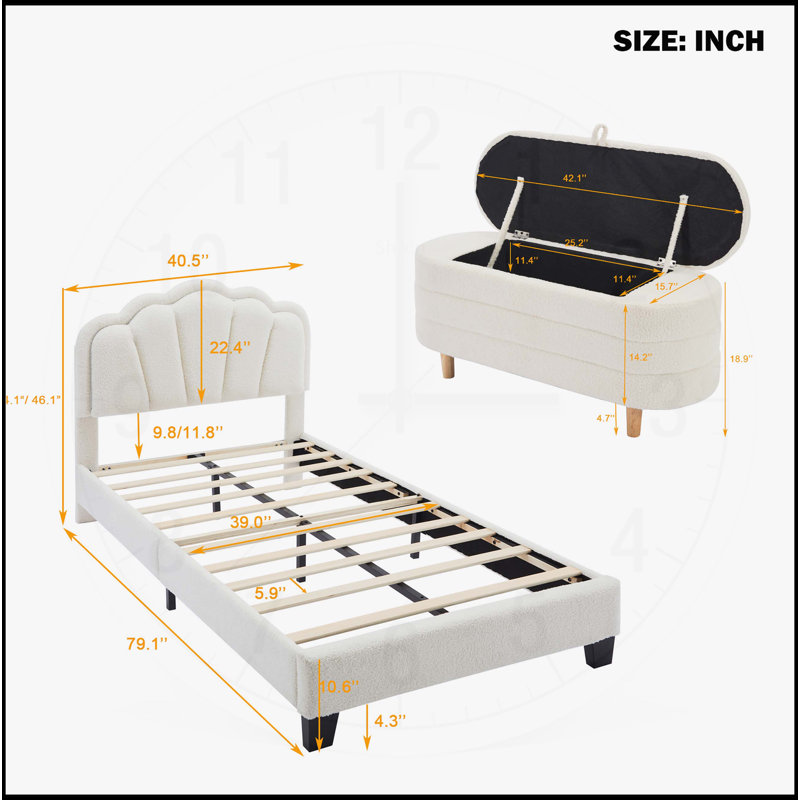 Twin Size Flower-Shaped Upholstered LED Platform Bed with Storage Ottoman, White Sherpa Fabric, Elegant and Functional
