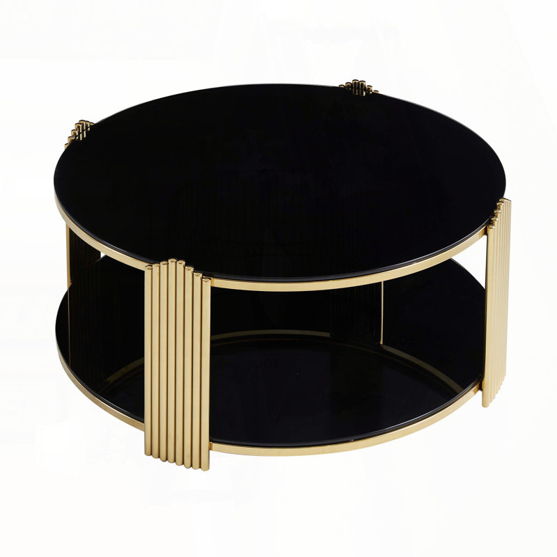Table basse ronde avec plateau en verre trempé noir et structure en acier inoxydable doré