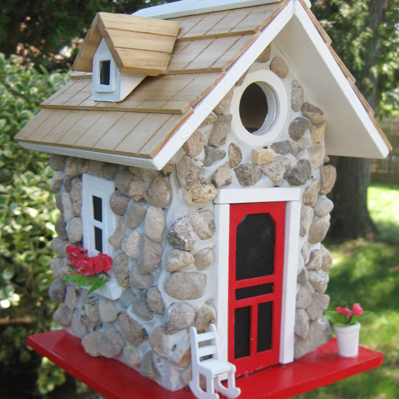 Handcrafted Stone Cottage Birdhouse with Red Accents