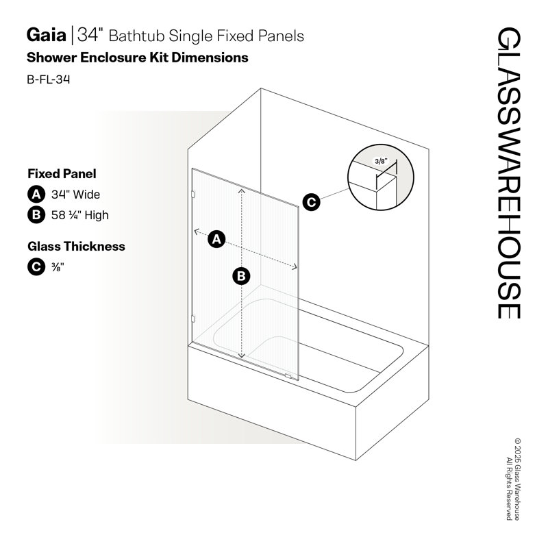 Gaia 34 in. x 58.25 in. Frameless Fluted Single Fixed Bath Panel, Polished Nickel