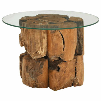 vidaXL Rustic Round Coffee Table, Solid Teak Driftwood Base with Tempered Glass Top, Handmade, Unique Modern Design, 23.6" Diameter, Brown