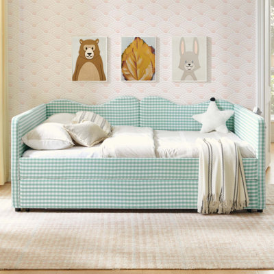 Lit de jour, lit de jour rembourré en vichy équipé d'un cadre de lit gigogne escamotable et d'une poche de rangement latérale, canapé-lit multifonctionnel en bois massif pour chambre d'enfant et chambre d'amis