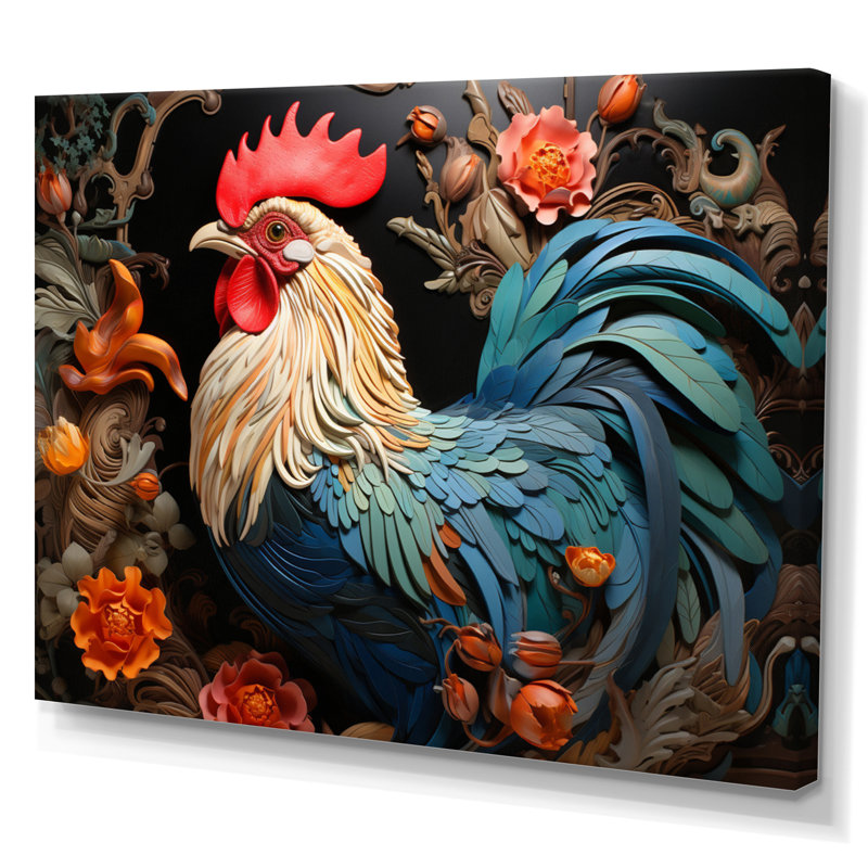 Coq bleu avec fleurs orange, H 12 po x l 20 po x P 1 po, Toile tendue