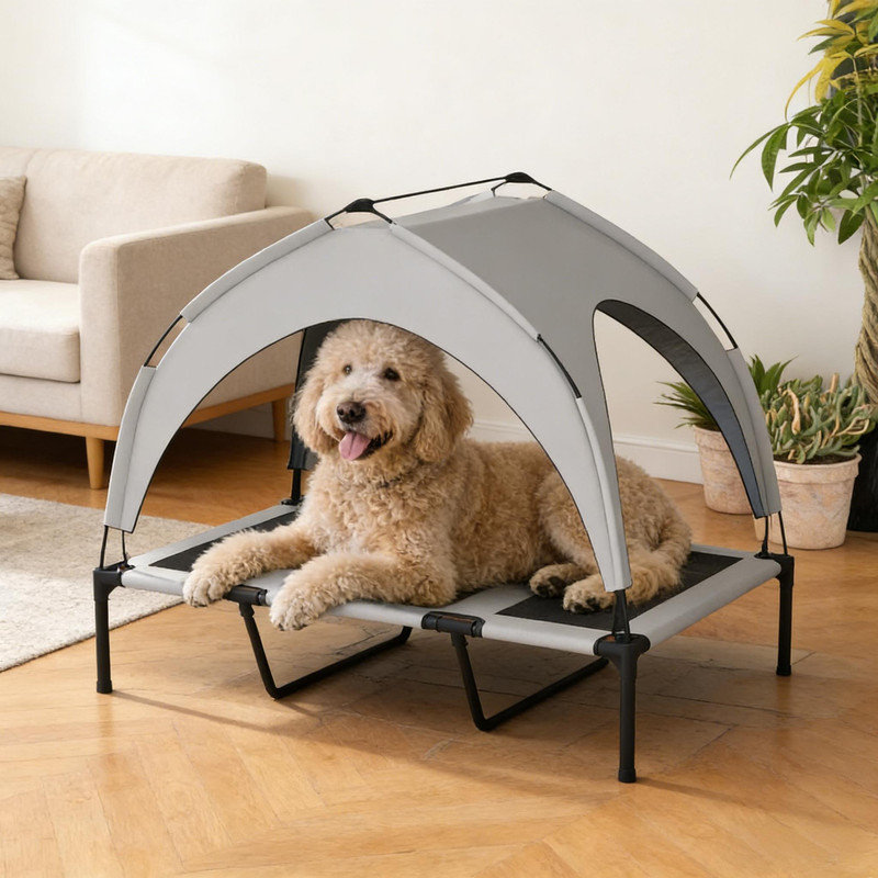 Lit surélevé pour chien 41,7 "avec auvent, lit pour animaux de compagnie pour l'extérieur, gris clair