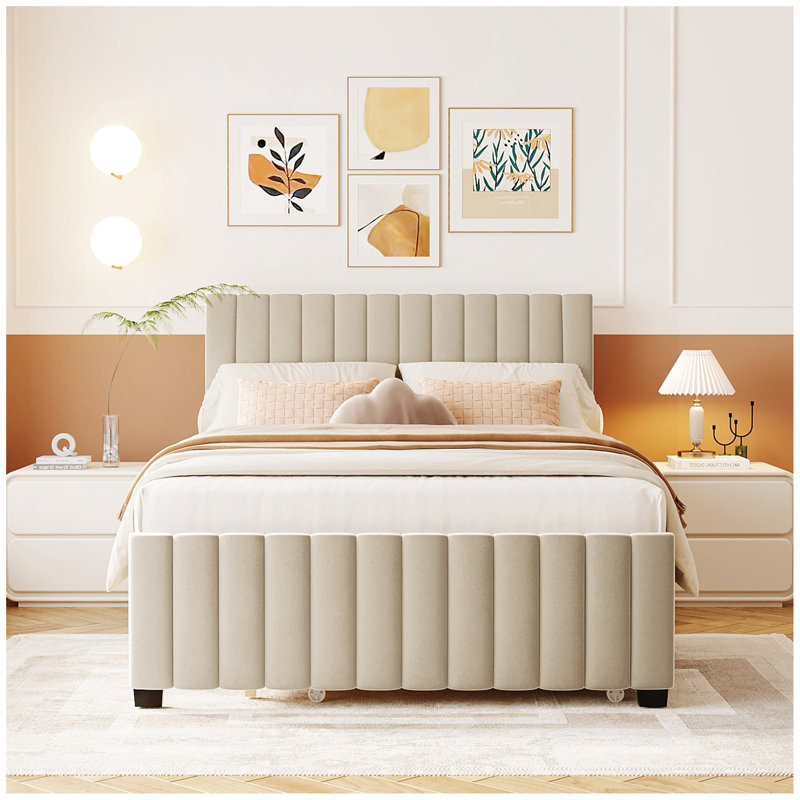 Lit plateforme double en velours avec lit gigogne, Beige