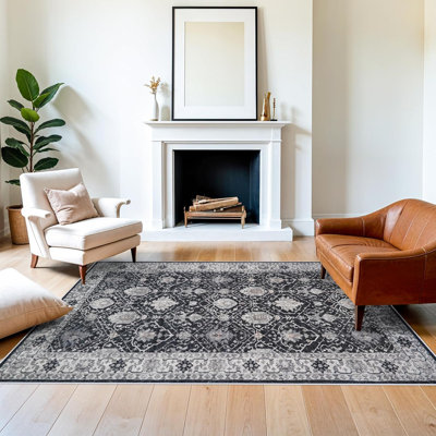 Washable Large Area Rug: Indoor Oriental Living Room Carpet with Non Slip Backing Ultra Soft Low Pile Rugs for Bedroom Dining Room Distressed Stain Resistant Thin Floor Mat (Black)