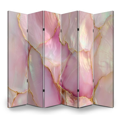 Paravent pliant à 6 panneaux, séparation de pièce, rose royal irisé nacré, toile craquelée dorée, séparateur de pièce autoportant, cloison de protection pour plus d'intimité