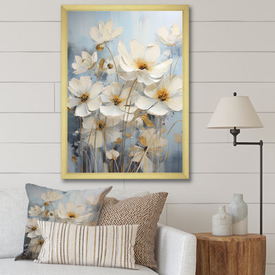 Minimalisme beige et renoncules bleus sur fond bleu I sur toile