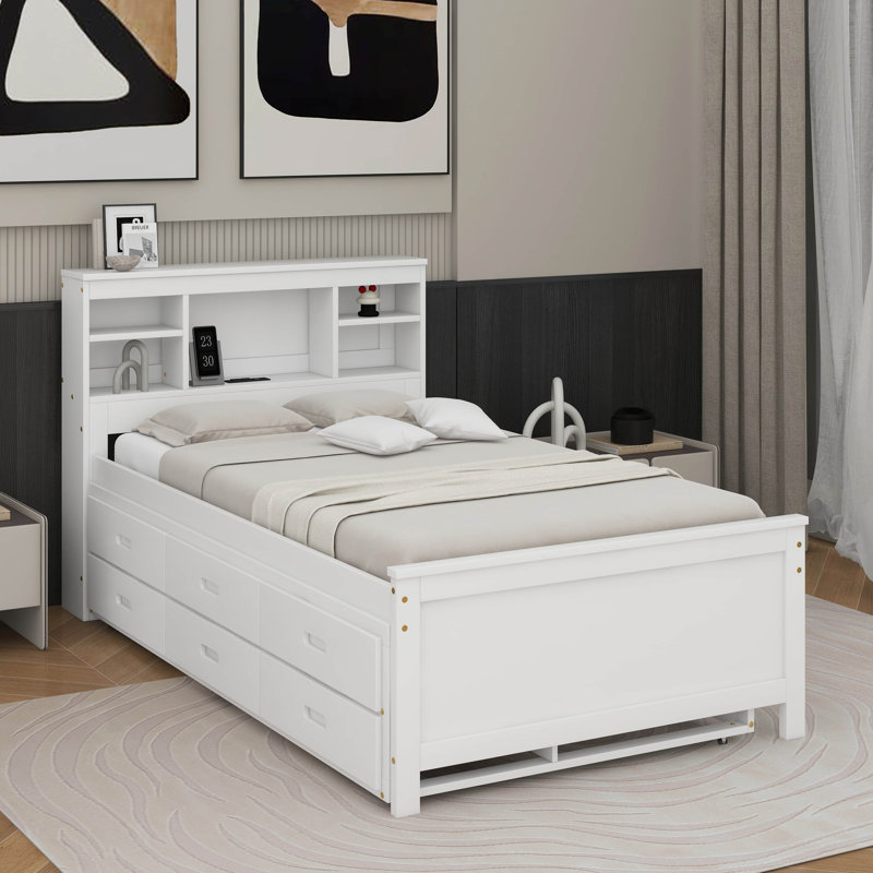 Lit plateforme simple avec tête de lit, USB, lit gigogne et tiroirs, Blanc
