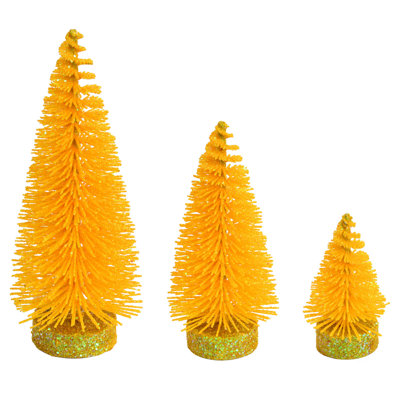 3"-5"-7" Yellow Glitter Oval Pine Artificial Christmas Tree, Set of 3
