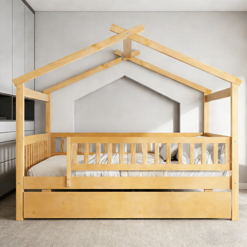 House Style Bed With Built In Trundle, Natural, Full