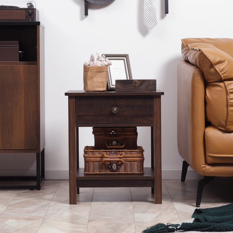 End Table with Drawer, Side Table with Top and Bottom Shelf for Small Spaces