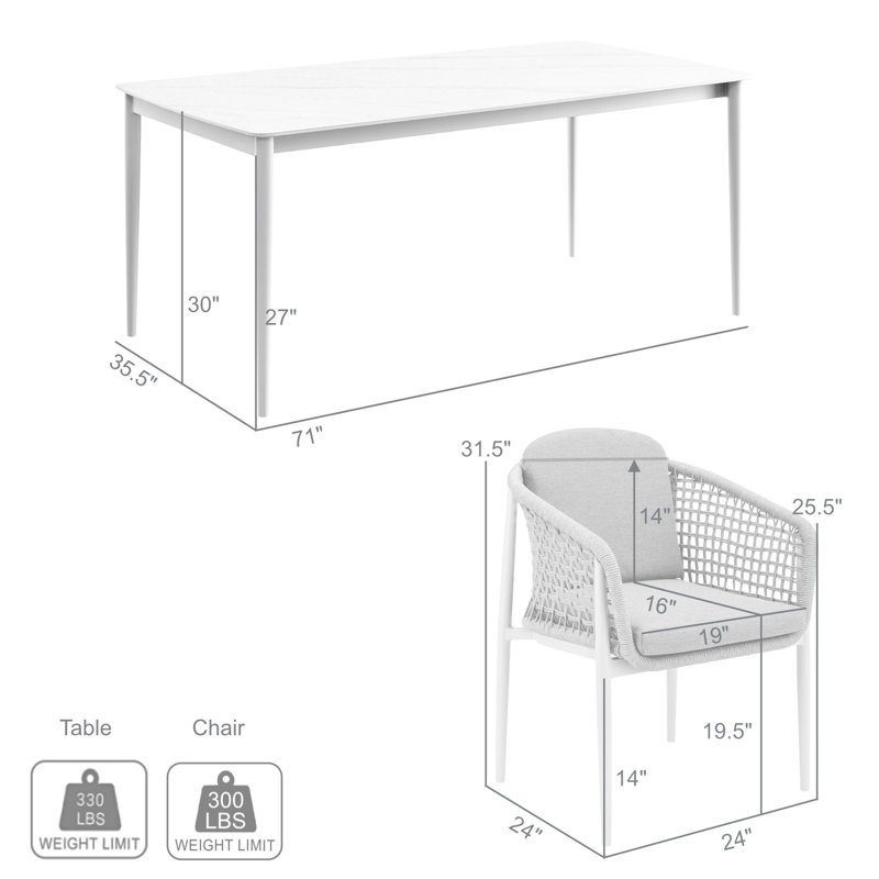 Ensemble de salle à manger rectangulaire pour 4 personnes 71 "avec coussins Artez