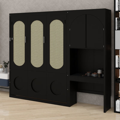Lit escamotable avec armoire de rangement latérale, bureau intégré, tiroirs et éclairage ambiant pour les bureaux à domicile