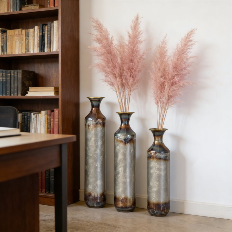Ensemble de vases de plancher en métal forgé à la main 3 pièces, 28,34 / 24,4 / 20,4 pouces Vases rustiques à finition brûlée pour décor de salon industriel de maison de campagne