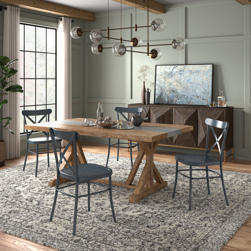 Cann Rustic Pine Frame Concrete Veneer Top Dining Table Set - Stripe Concrete Veneer Top Table And 4 Chairs, Navy