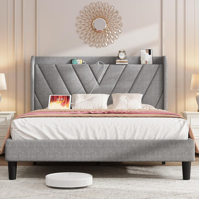 Tufted Velvet Upholstered Bed with Charging Station & Storage Shelf (Light Gray, Full Size), Light Gray, Full