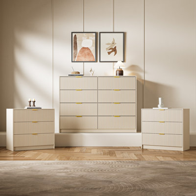 Diedre 3-piece Bedroom Set, 8 Drawer Dresser And 3 Drawer Nightstand Set Of 2