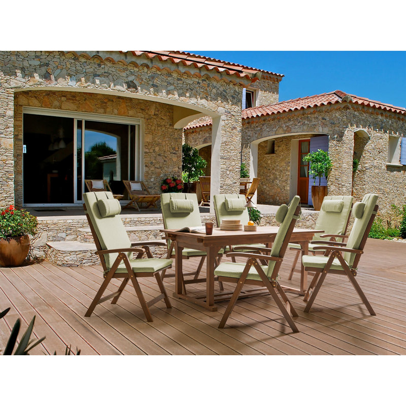 6 - Person Acacia Patio Dining Set with Rectangular Table , Cushions Included, Green