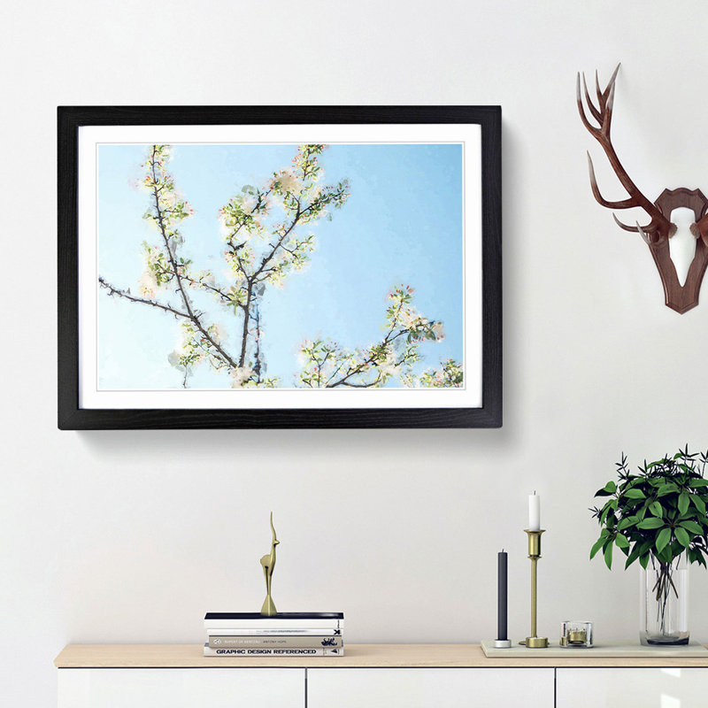 A White Cherry Blossom Tree in Abstract - Picture Frame Painting Print on MDF, Black Framed, 27cm H x 36cm W x 2cm D