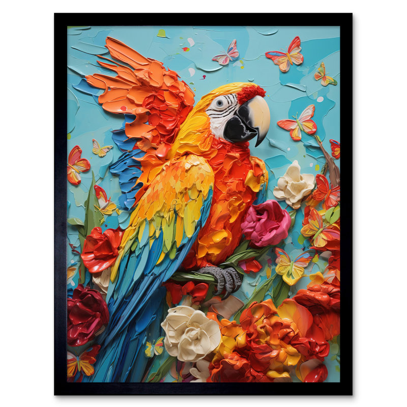 Vibrant Macaw Parrot Heavy Paint Butterflies And Flowers - Single Picture Frame Print