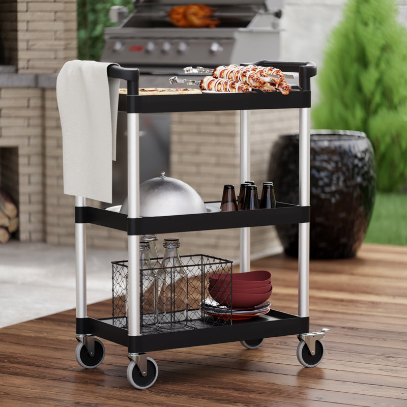 Amgood 32 po × 16 po Chariot utilitaire / bus avec trois tablettes. Polypropylène robuste, tablettes noires avec poteaux gris, chariot de service commercial avec roues