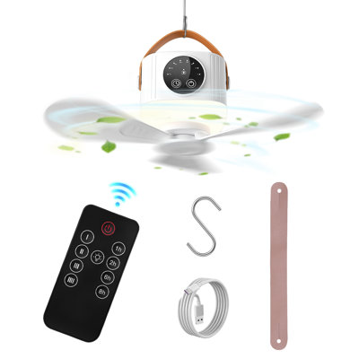 Ventilateur de plafond de tente rechargeable 7200 mAh avec lumière DEL et trépied, ventilateur de camping suspendu avec télécommande, 4 vitesses de vent et 3 niveaux de luminosité pour les voyages en plein air à la plage
