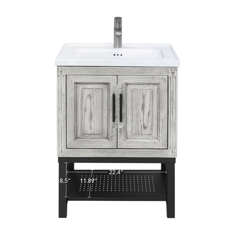 24" Bathroom Vanity With White Ceramic Sink & Hot And Cold Faucet , Freestanding Bathroom Cabinet With 2 Storage Doors And Open Iron Shelf For Bathroom