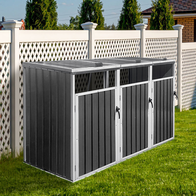 La remise à poubelle permet de ranger 3 poubelles en métal pour le rangement des ordures, Blanc / Gris