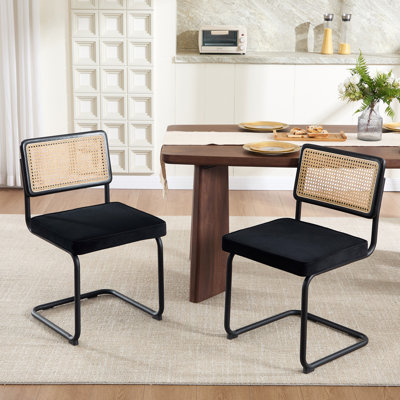 Marlow Cantilever 18.8" H Upholstered Side Chair with Cane Rattan Back and Steel Frame(Set of 2)